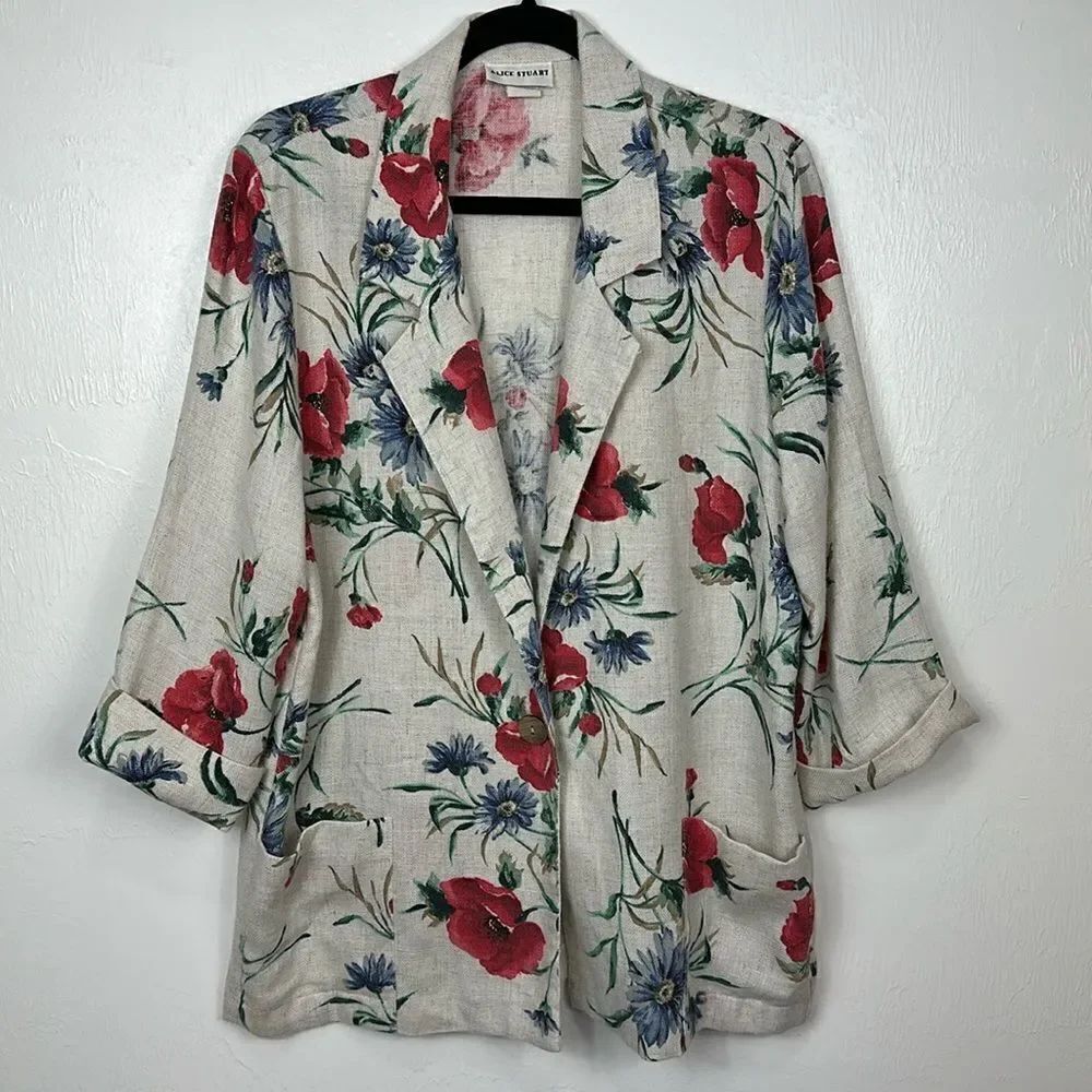 Alice Stuart Vintage 90s Floral Print Flax Blend 3/4 Sleeve Blazer Jacket Size M